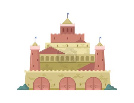 Ilustración de Castle from fairy tale, isolated historical architecture. Building with towers and fortifications, old sights for tourists in city. Vector in flat style - Imagen libre de derechos
