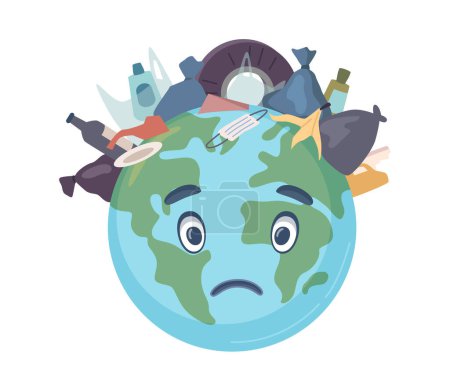 Ilustración de La basura y la contaminación de residuos del planeta Tierra, tierras y océanos. Los problemas de la naturaleza y la ecología amenazan la seguridad medioambiental y la biodiversidad. Vector en estilo plano - Imagen libre de derechos