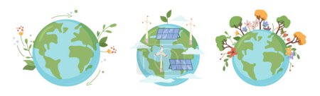 Ilustración de Cuidando de la naturaleza en el planeta tierra, salvando y preservando. Usando energía solar y eólica alternativa, cultivando árboles y plantas, reduciendo el calentamiento global. Vector en estilo plano - Imagen libre de derechos