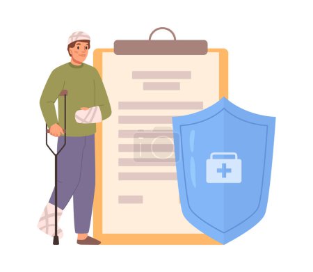 Téléchargez les illustrations : Disability insurance, coverage for people unable to walk. Health issues and problems, accidents and incidents policy and guarantee. Vector in flat style - en licence libre de droit