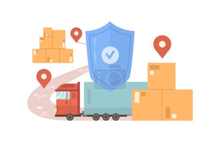 Téléchargez les illustrations : Insurance policy protecting and covering transportation, cargo and logistics services warranty and assurance. Shield and location pointer. Flat cartoon, vector illustration - en licence libre de droit