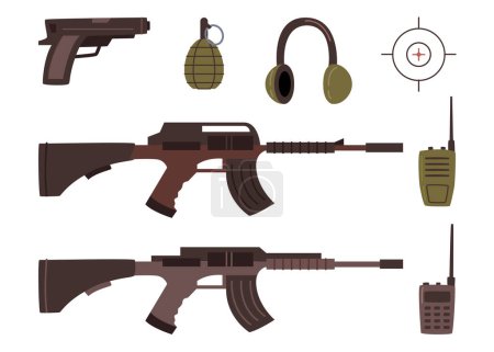 Téléchargez les illustrations : Weapons and guns for soldiers and combatants. Isolated rifles and walkie talkie with bullseye or spot. Sound headset. Flat cartoon, vector illustration - en licence libre de droit