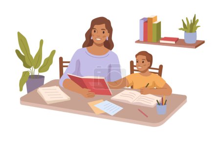 Téléchargez les illustrations : Mère aidant son fils avec les devoirs de l'école. Maman lisant avec l'enfant écrivant la solution au problème, l'éducation et l'étude. Dessin animé plat, illustration vectorielle - en licence libre de droit