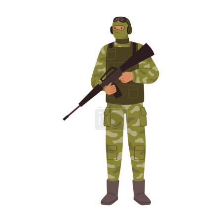 Téléchargez les illustrations : Soldier in life vest holding weapon, isolated military man. Serviceman or warrior, fighter serving in army ready for battle. Flat cartoon, vector illustration - en licence libre de droit