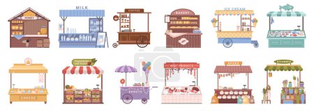 Illustration for Mobile kiosks and street stalls with products to sell. Isolated cheese and milk, fruits and vegetables, desserts and meat. Flat cartoon, vector illustration - Royalty Free Image