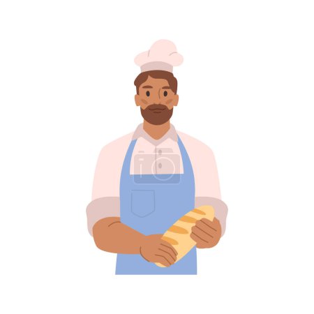 Téléchargez les illustrations : Baker with fresh bread, isolated street stall seller or man working in bakery offering products. Home business. Flat cartoon character, vector illustration - en licence libre de droit