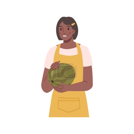 Ilustración de Woman in apron selling watermelon in shop or market. Isolated female personage showing watermelon from farm. Flat cartoon character, vector illustration - Imagen libre de derechos