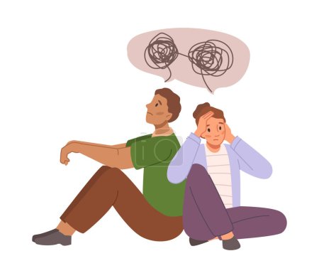 Illustration for Couple with mixed feelings and thoughts, anxious and overthinking. Psychological problems and figuring out emotions, therapy for pair. Vector in flat style - Royalty Free Image