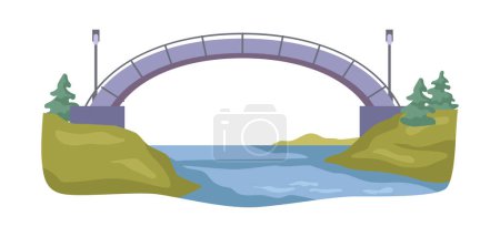 Bridge between river banks connecting land and leaving space for ships and boats. Architectural construction and city infrastructure. Vector in flat style