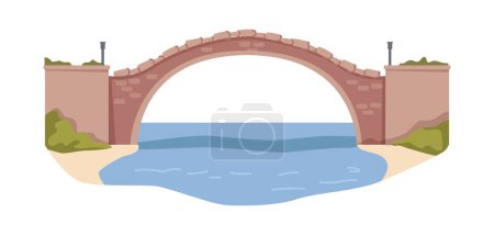Arched ancient bridge connecting river banks. Isolated old architecture or historical sign. Overpass for people, road or way to cross. Vector in flat style