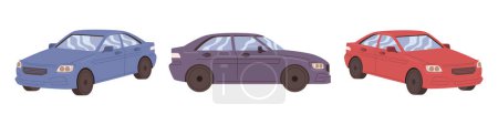Illustration for Automobiles parked, isolated modern and new vehicles. Dealership or shop with offers for drivers. Buying or renting agency with cars. Vector in flat style - Royalty Free Image