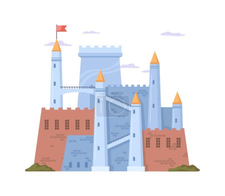 Téléchargez les illustrations : Château historique ou de conte de fées avec tours et drapeau. Bâtiment isolé, architecture ancienne de fantaisie. Visites pour touristes. Vecteur dans les styles plats - en licence libre de droit