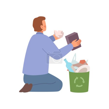 Illustration for Male character sorting garbage and waste and caring for ecology and environment of planet Earth. Preservation and protection, eco awareness. Vector in flat style - Royalty Free Image