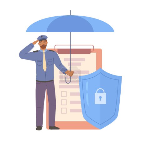 Illustration for Safety and security policy, insurance and warranty from company or agent. Plan with shield and protection, umbrella coverage. Flat cartoon, vector illustration - Royalty Free Image