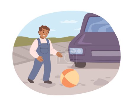 Illustration for Kid playing ball on road with passing cars. Dangerous behavior of child, unwatched by parents. Risks of outdoors activities. Flat cartoon, vector illustration - Royalty Free Image
