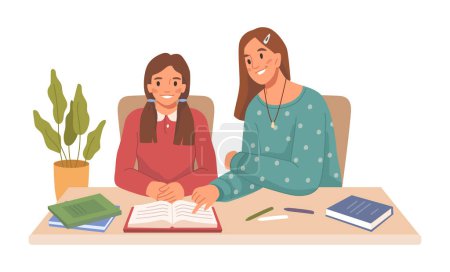 Illustration for Mother helping daughter to complete homework assignment from school. Woman reading with kid, education and studying. Flat cartoon, vector illustration - Royalty Free Image