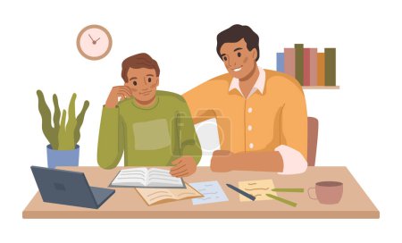 Illustration for Father helping son to complete homework. Dad with kid reading and writing down solution to problem. Education and studying. Flat cartoon, vector illustration - Royalty Free Image