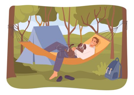 Illustration for Male personage lying in hammock with pet domestic dog. Camping in forest and enjoying nature. Tent and backpack. Flat cartoon character, vector illustration - Royalty Free Image