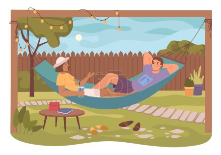 Téléchargez les illustrations : Couple couché dans un hamac, boire des cocktails et parler. Meubles de jardin ou d'arrière-cour, passer les week-ends à la maison. Caractère plat de dessin animé, illustration vectorielle - en licence libre de droit
