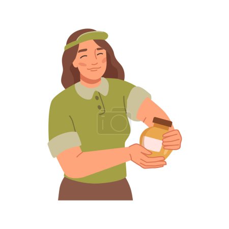 Illustration for Seller offering home made organic and natural honey product from farm. Isolated woman in sales, business deal. Flat cartoon character, vector illustration - Royalty Free Image
