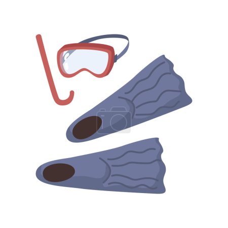 Illustration for Snorkeling set for scuba diving hobby and underwater submerging. Isolated rubber flippers and mark glass with pipe for breathing. Vector in flat cartoon style - Royalty Free Image