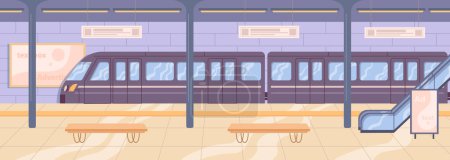 Ilustración de Estación de tren o metro, interior vacío con bancos para sentarse y esperar. Transporte de trenes y viajes, desplazamientos rápidos. Dibujos animados planos, ilustración vectorial - Imagen libre de derechos