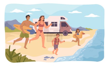 Téléchargez les illustrations : Famille en vacances au bord de la mer ou sur la côte. Mère et père avec planche de surf, enfants en bouée de sauvetage coulant dans l'eau. Voyager en voiture, camping-car garé. Vecteur en style plat - en licence libre de droit