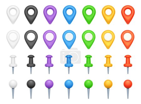 Ilustración de Punteros de ubicación para mapas push pin o aplicación en línea para el mapeo. Signos coloridos aislados que muestran un punto de ubicación preciso. 3d estilo vector ilustración - Imagen libre de derechos