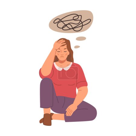 Illustration for Worrying female character overthinking and having messed up feelings and thoughts. Isolated anxious and stressed woman, concerned person. Vector in flat style - Royalty Free Image