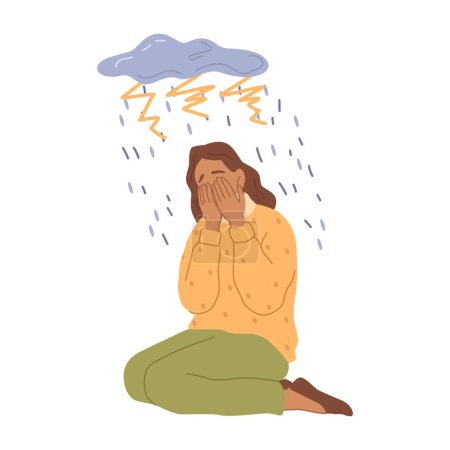 Illustration for Crying woman, isolated depressed or stressed person with bad emotions and anxiety. Concerned and worried female character under cloud. Vector in flat style - Royalty Free Image