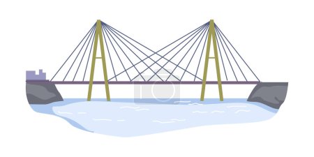 Ilustración de Puente colgante a través del río, construcción que conecta bancos o terrenos. Arquitectura aislada o infraestructura de la ciudad, paso elevado. Vector en estilo plano - Imagen libre de derechos