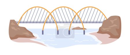 Ilustración de Puente contemporáneo entre tierras, construcción de arquitectura moderna para cruzar masa de agua. Paso elevado para vehículos y personas caminando. Vector en estilo plano - Imagen libre de derechos