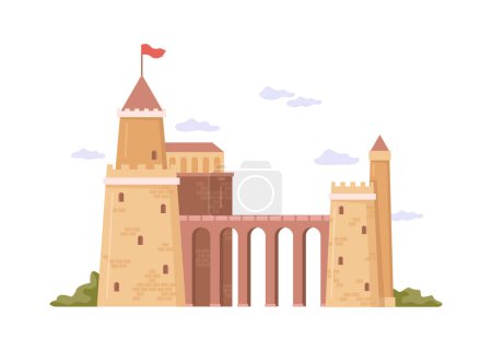 Illustration for Stronghold or castle with brick exterior and towers, connection bridge and flag on top. Architecture and historical buildings of past. Vector in flat style - Royalty Free Image