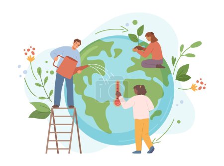 Illustration for Preserving and saving nature on Earth. Isolated people growing trees and plants, watering and reducing global warming negative effect. Vector in flat style - Royalty Free Image