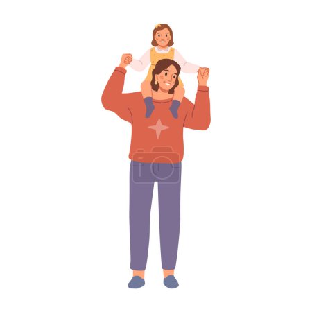 Illustration for Mom carrying daughter on neck, isolated female personage with girl. Playing and spending time with family. Flat cartoon character, vector illustration - Royalty Free Image