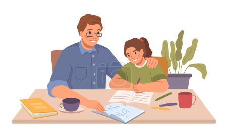 Illustration for Father helping daughter with homework assignments from school. Dad checking writing, girl solving problems. Parenting and assistance. Flat cartoon, vector illustration - Royalty Free Image