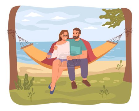 Téléchargez les illustrations : Paire d'homme et de femme assis sur hamac avec paysage de bord de mer. Couple en vacances ou week-end, se reposant ensemble. Caractère plat de dessin animé, illustration vectorielle - en licence libre de droit