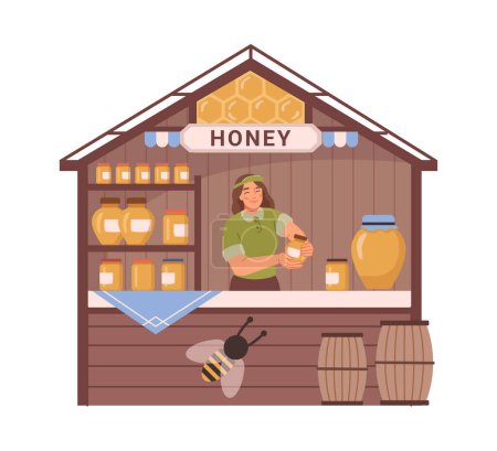 Téléchargez les illustrations : Vendeur de stands de rue proposant des produits à base de miel bio et naturel. Kiosque isolé avec assortiment de goûts, apiculture, vendeur et abeille. Dessin animé plat, illustration vectorielle - en licence libre de droit