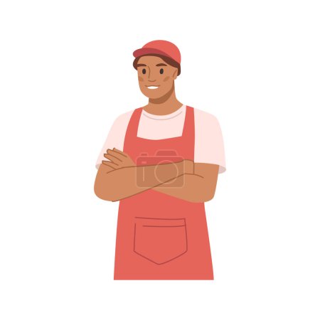 Illustration for Man wearing apron and cap selling at market, shop or store, kiosk or street stall. Isolated male personage at work. Flat cartoon character, vector illustration - Royalty Free Image