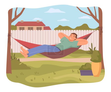 Illustration for Smiling man lying in hammock on backyard by home. Male personage on weekends enjoying rest on open air nature. Flat cartoon character, vector illustration - Royalty Free Image