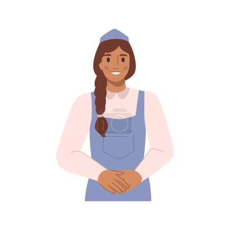 Illustration for Woman in uniform, apron and cap selling at marker, shop or store. Isolated female personage working in stall or kiosk. Flat cartoon character, vector illustration - Royalty Free Image