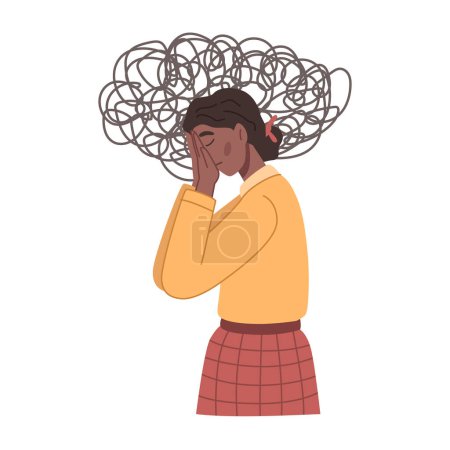Ilustración de Mujer preocupada y pensante con lío enredado en la cabeza. Personaje femenino aislado con pensamientos y depresión, ansiedad y estrés. Vector en estilo plano - Imagen libre de derechos