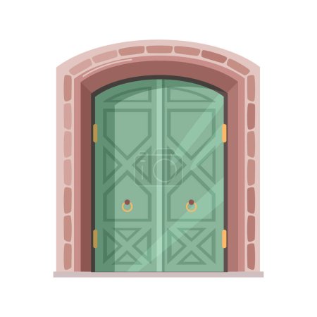 Illustration for Wooden historical doors with carvings and handle. Ancient or medieval historical building construction facade or exterior architecture. Vector in flat style - Royalty Free Image