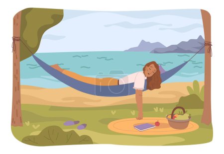 Illustration for Female personage sleeping or taking nap in hammock. Woman with book and basket with fruits and meal for picnic. Flat cartoon character, vector illustration - Royalty Free Image