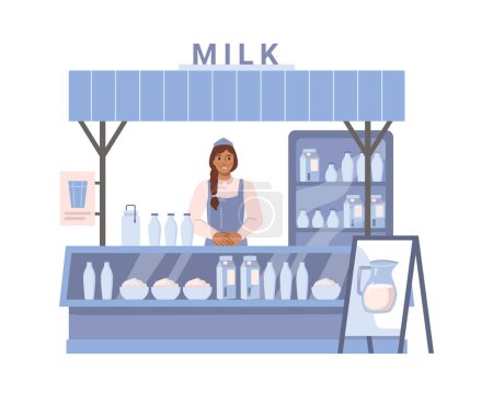 Téléchargez les illustrations : Étal de rue de lait, kiosque isolé avec assortiment de produits laitiers de la ferme. Ingrédients biologiques et naturels pour cuisiner. Dessin animé plat, illustration vectorielle - en licence libre de droit