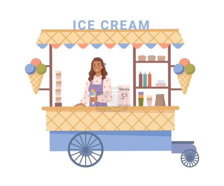 Cabine de crème glacée avec différents goûts et de délicieux repas. Kiosque isolé avec plats savoureux et desserts, magasin dans le parc. Dessin animé plat, illustration vectorielle