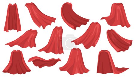 Illustration for Cloak shoulders covering, isolated set of clothing. Costume or suit outfit. Red manteau, cape or mantle part of apparel. Vector in flat cartoon illustration - Royalty Free Image