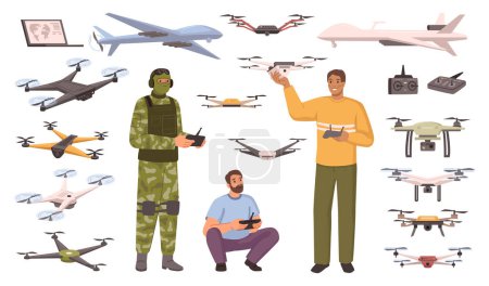 Téléchargez les illustrations : Drones sans pilote utilisés par la force militaire et les civils. Hommes isolés avec contrôleur et appareils volants avec ailes. Vecteur en dessin animé plat illustration - en licence libre de droit