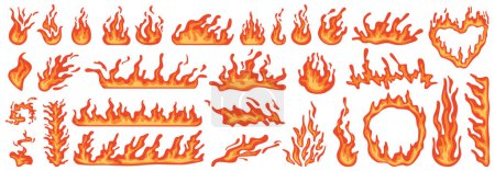 Illustration for Burning flames and blaze, burst of fire. Ignition and inflammation. Shapes with flare. Heat from bonfire. Circle and heart form burning fire. Vector in flat cartoon illustration - Royalty Free Image