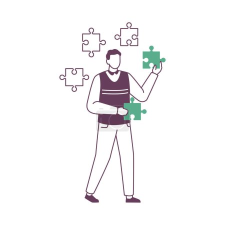 Illustration for Business concept and creative ideas for company development. Manager solving problems and finding solutions. Man with pieces of puzzles. Vector in flat cartoon illustration - Royalty Free Image